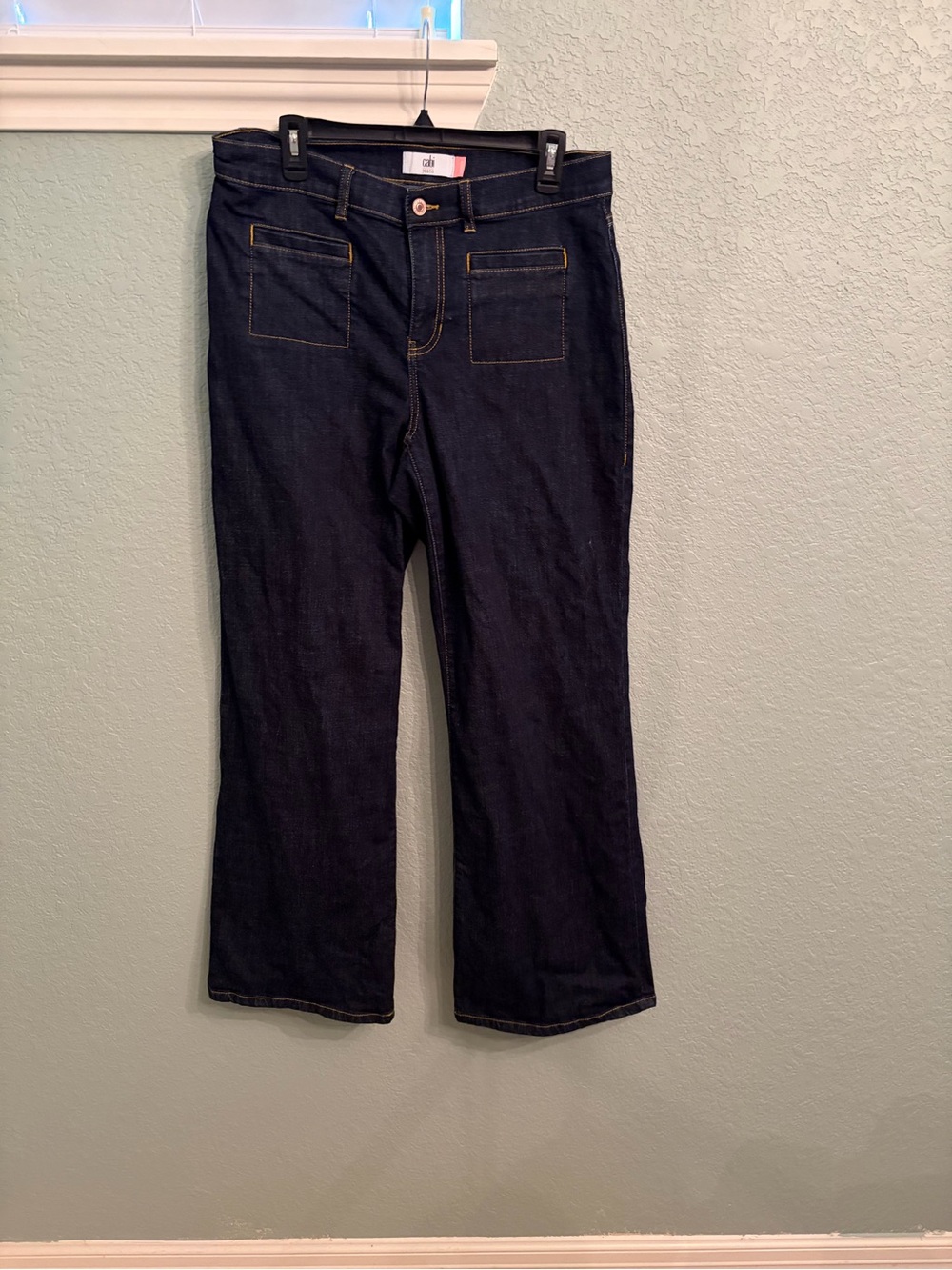 CAbi Indigo Flare Jeans with Front Patch Pockets